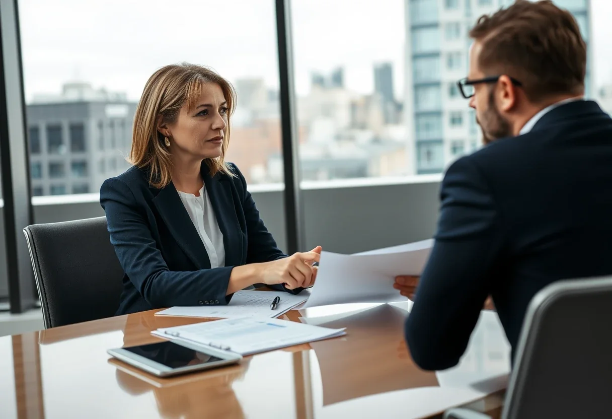 A US-UK tax accountant in a London office explaining a tax return to an American client across a desk