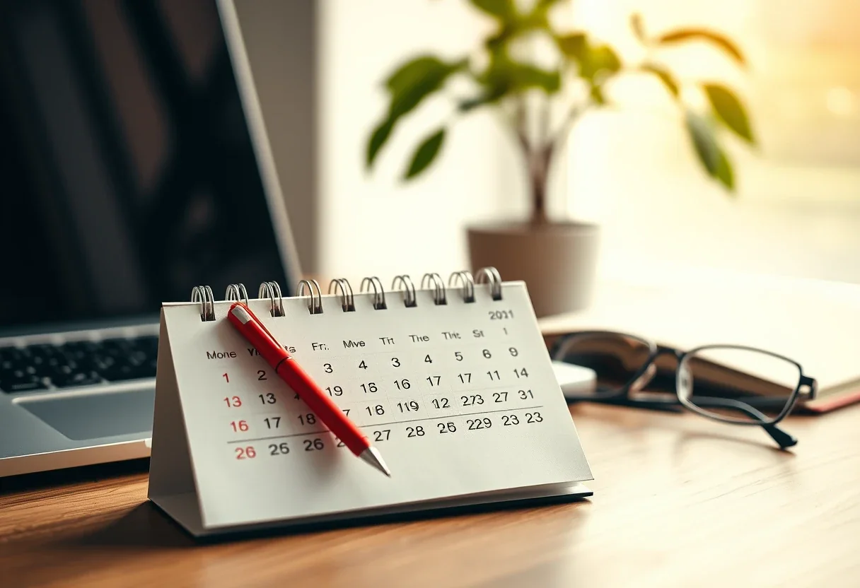 A desk calendar and laptop used to track US and UK tax return deadlines for an American living in the UK