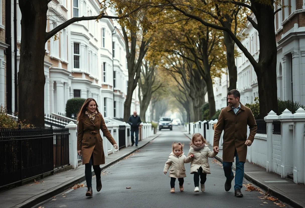 An American expat family walking past terraced houses on a residential London street