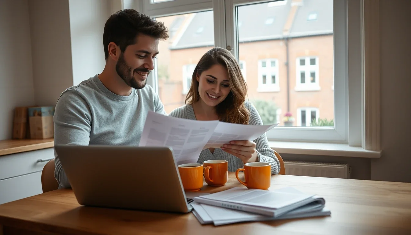 An American couple in their London flat reviewing US and UK tax return paperwork at the kitchen table