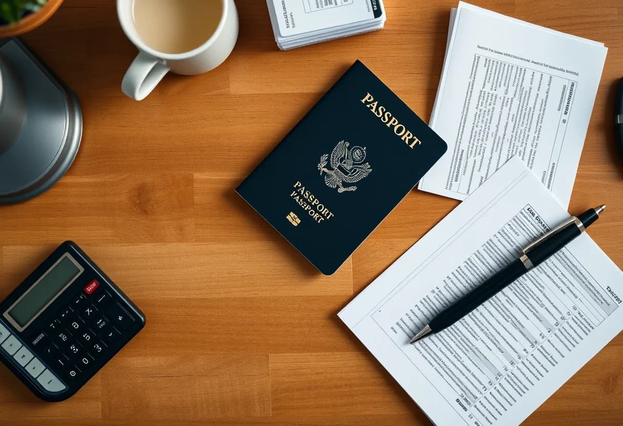 A US passport beside UK Self Assessment and US Form 1040 tax paperwork, a calculator and a mug of tea on a desk