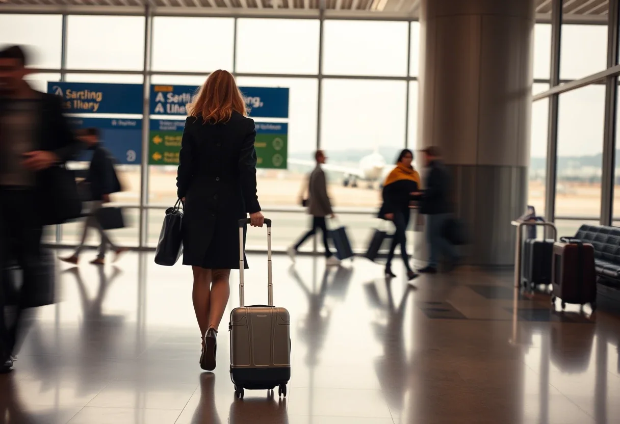 A business traveller with a suitcase in a London airport terminal, splitting working days between the US and the UK