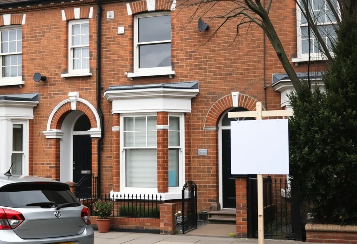 A Victorian terraced house in London with a for sale sign, owned by a US citizen facing US and UK capital gains tax