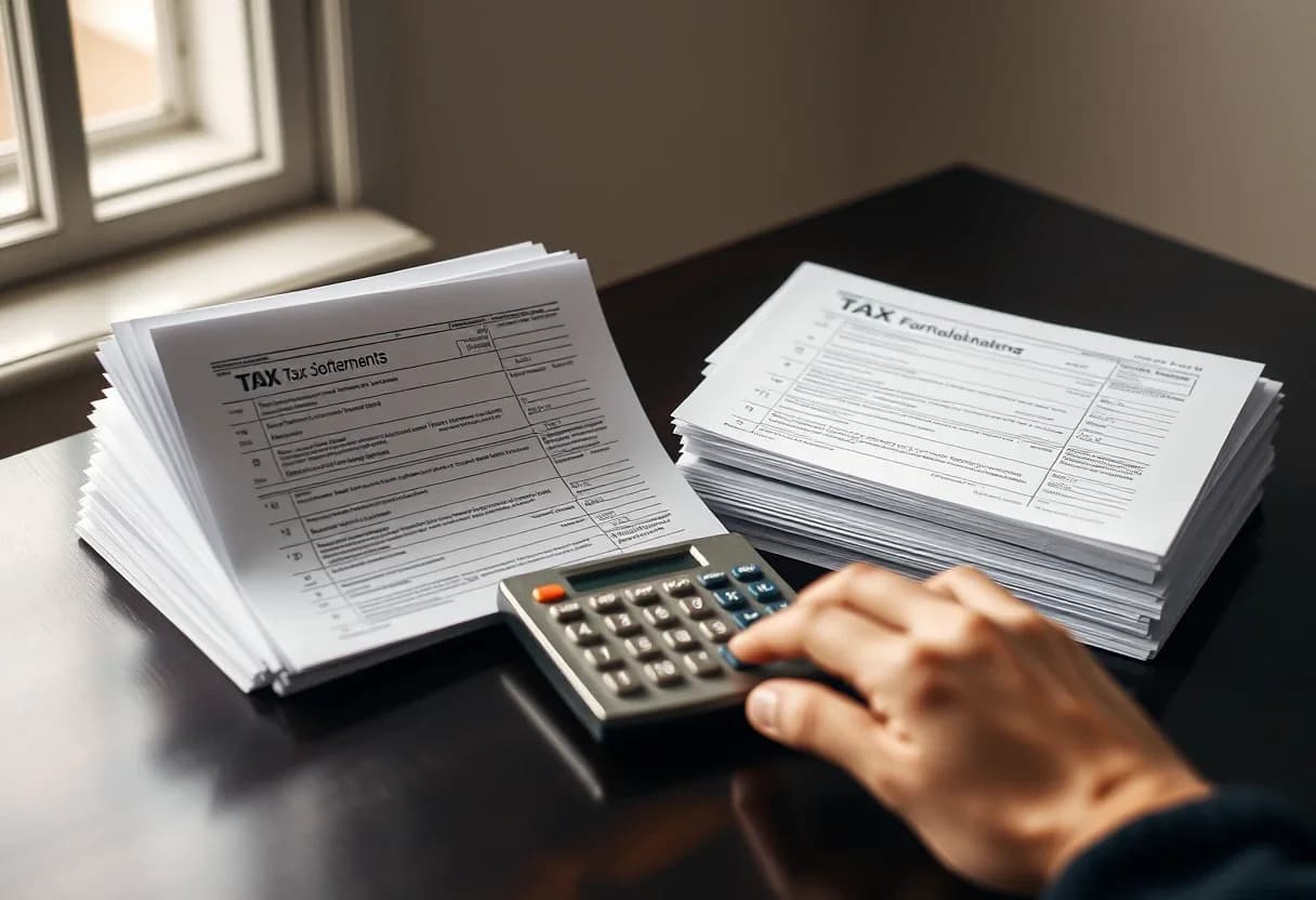 Two stacks of tax return paperwork side by side with a calculator, comparing US and UK tax on the same income