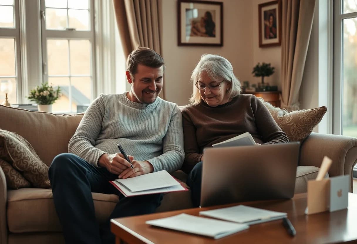 A married couple at home checking their joint UK bank account on a laptop to prepare FBAR and FATCA reports
