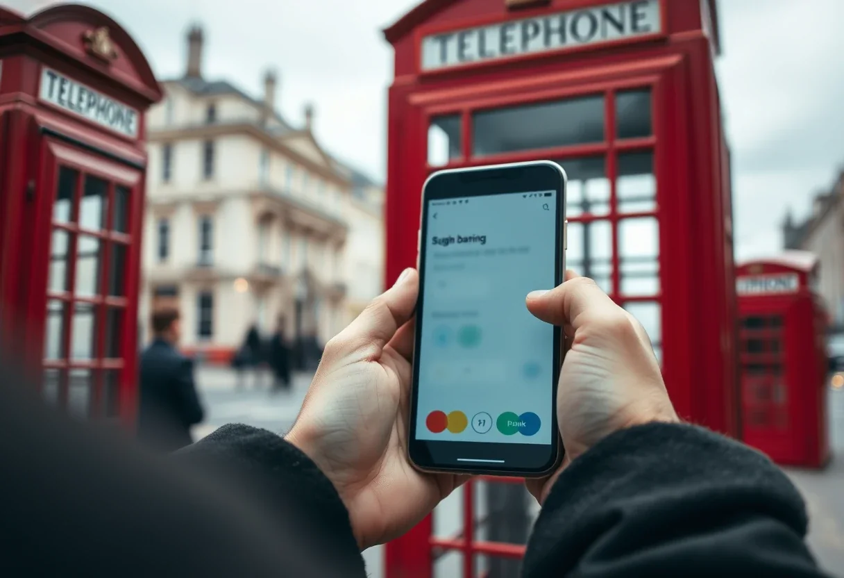 A person using a mobile banking app on a phone on a London street, checking a UK account balance