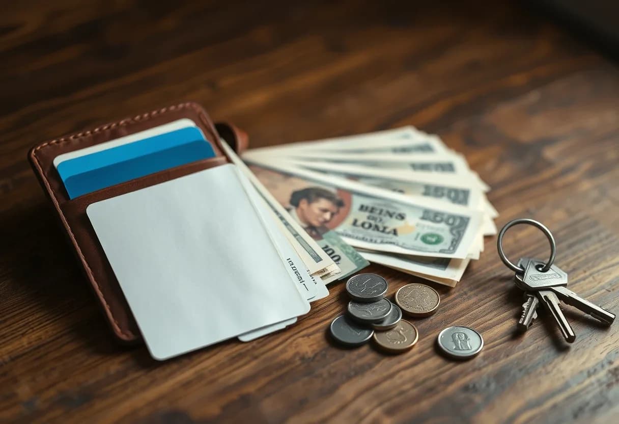 A wallet with UK debit cards, pound sterling notes and US dollar bills on a wooden table