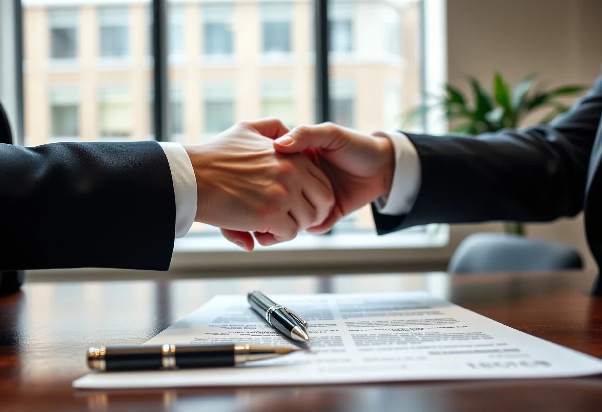 Two business partners shaking hands over signed shareholder agreement documents in a London office
