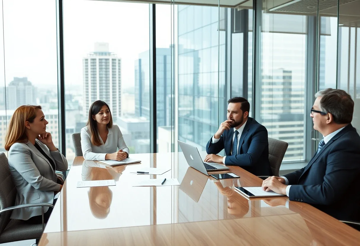 Company directors meeting in a glass-walled boardroom in London to review a UK company with a US shareholder