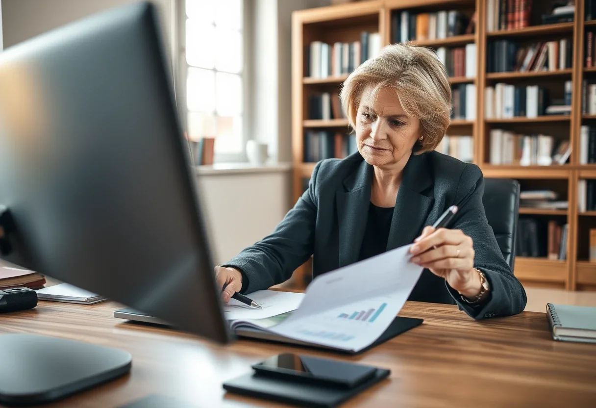 An executive reviewing an equity award statement with RSU and stock option vesting figures on a laptop