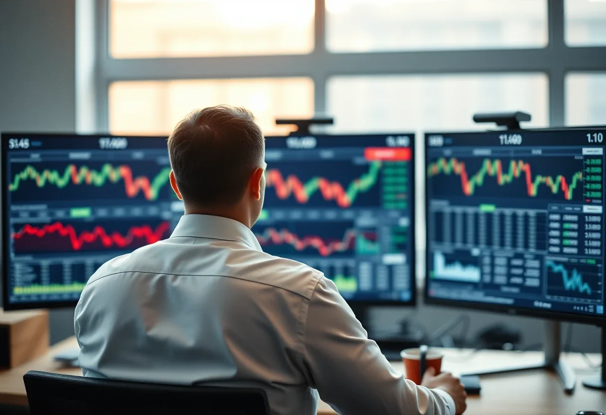 A fund manager at a desk with several market data screens in a London investment office