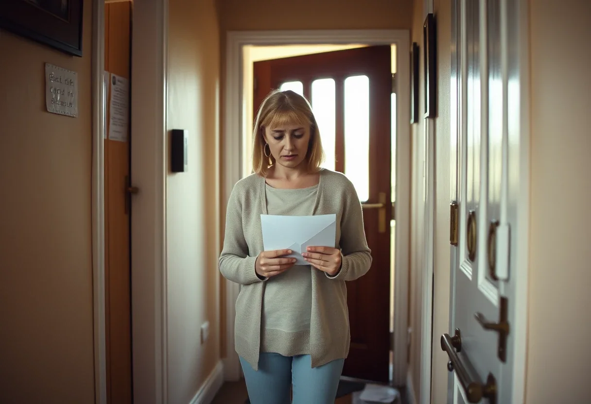 A person at the front door of a UK home reading a FATCA self-certification letter from their bank