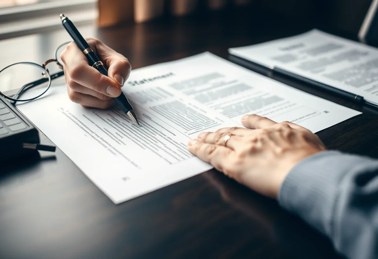 A hand signing a non-wilful certification statement with a fountain pen for the IRS Streamlined Foreign Offshore Procedures