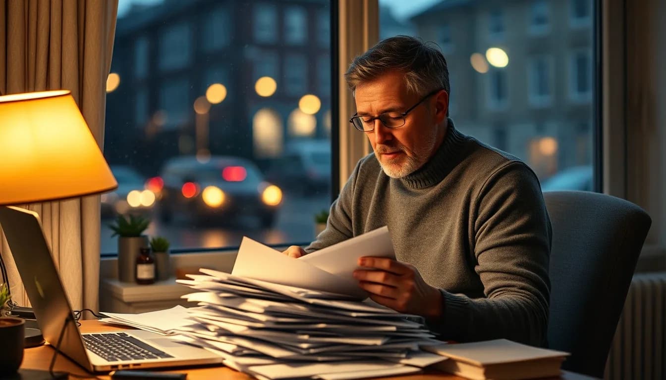 A US citizen living in the UK sorting through years of unfiled US tax paperwork at a home desk in the evening