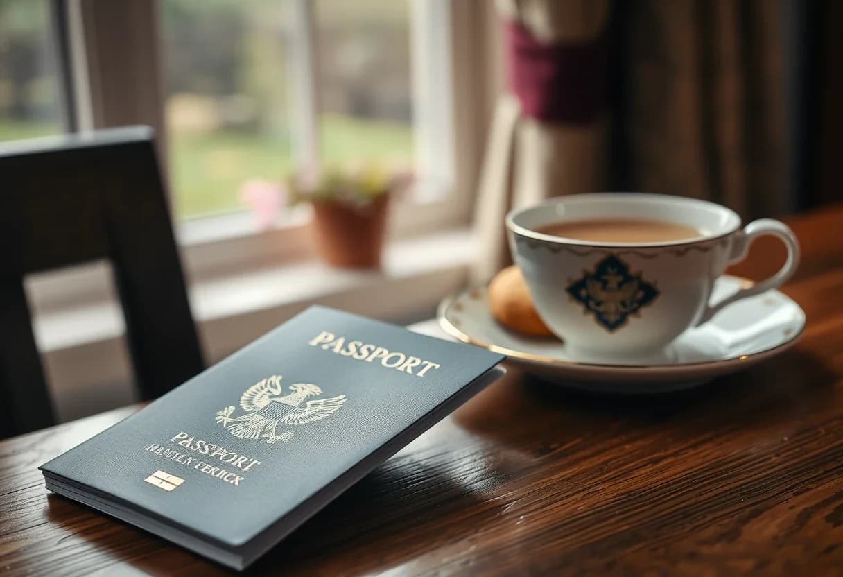 A US passport on a table beside a cup of tea in a British home, representing an accidental American