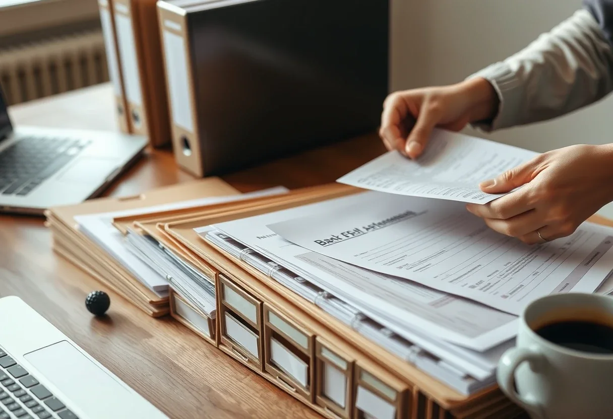 Folders of bank statements and tax records organised by year on a desk for an IRS streamlined filing submission