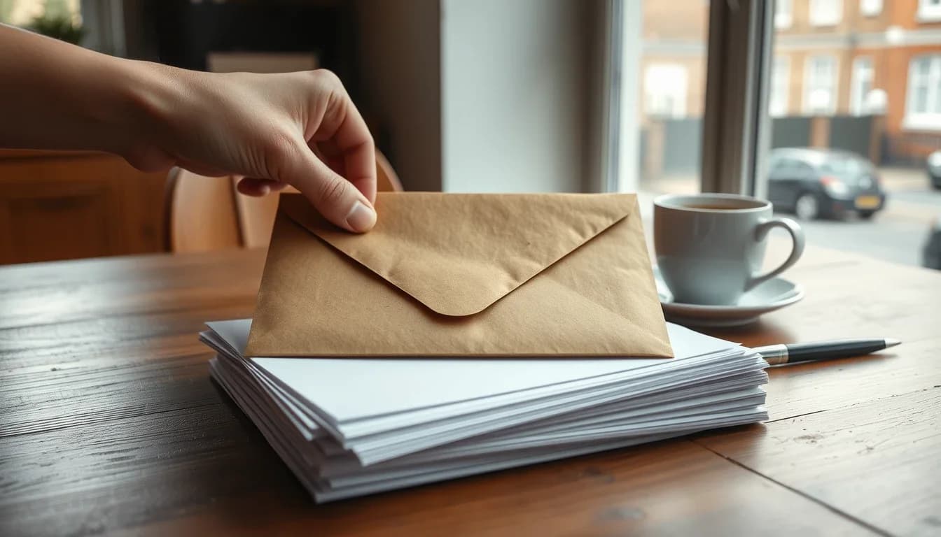 A hand closing a plain brown envelope on a thick stack of white paper on a wooden kitchen table, with a cup of tea and a pen beside it and a British street outside the window, a catch-up package of US returns ready to post