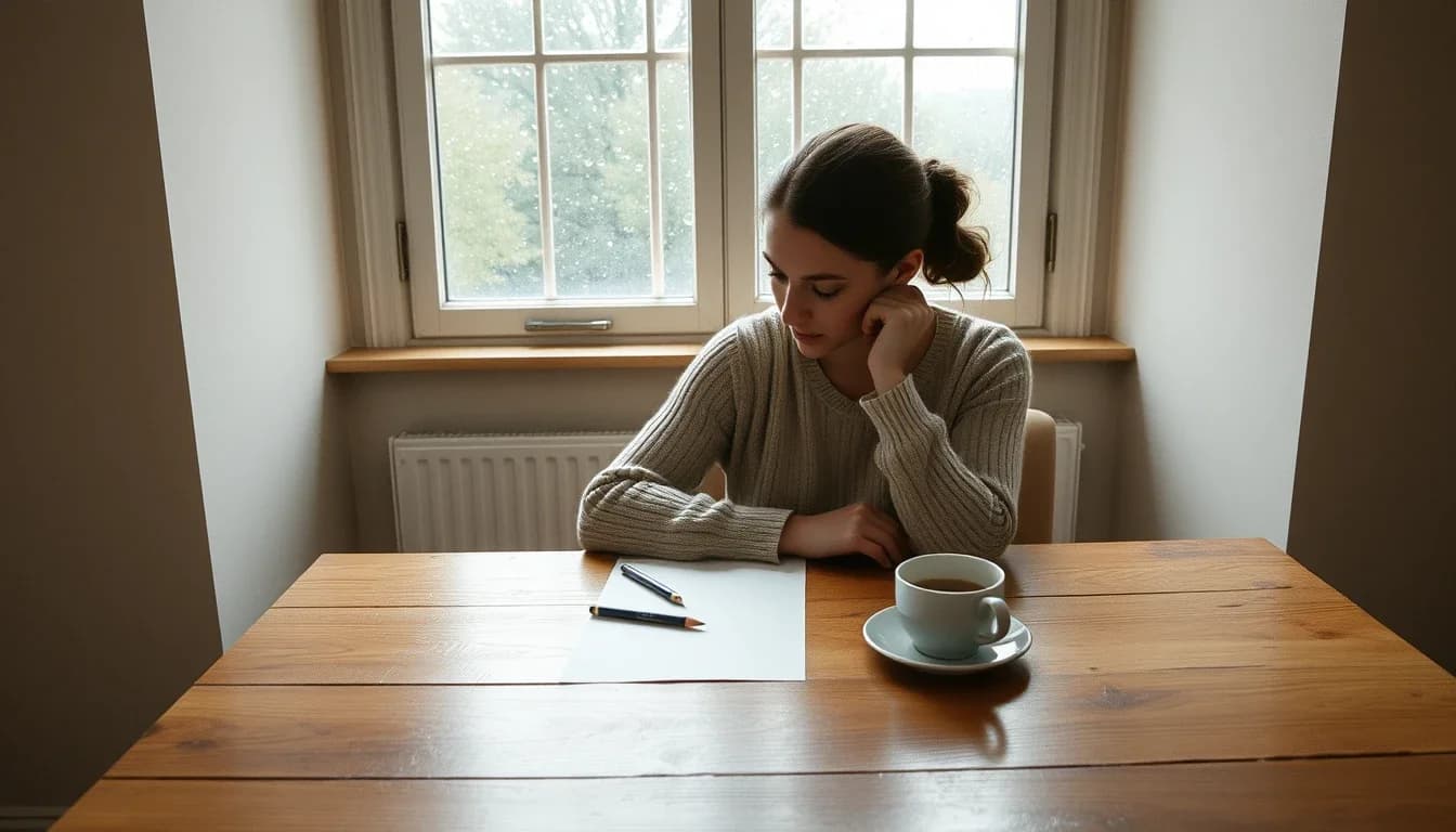A young woman at a plain wooden table by a rain-flecked sash window, chin resting on her hand, looking down at a single sheet of paper with two pencils beside a cup of coffee, a US person in the UK reconsidering an FBAR she has already filed