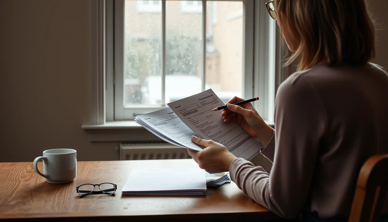 A woman seen from behind at a wooden table by a rain-streaked sash window, checking printed tax forms with a pencil, as an American in the UK reviews a US return she needs to amend