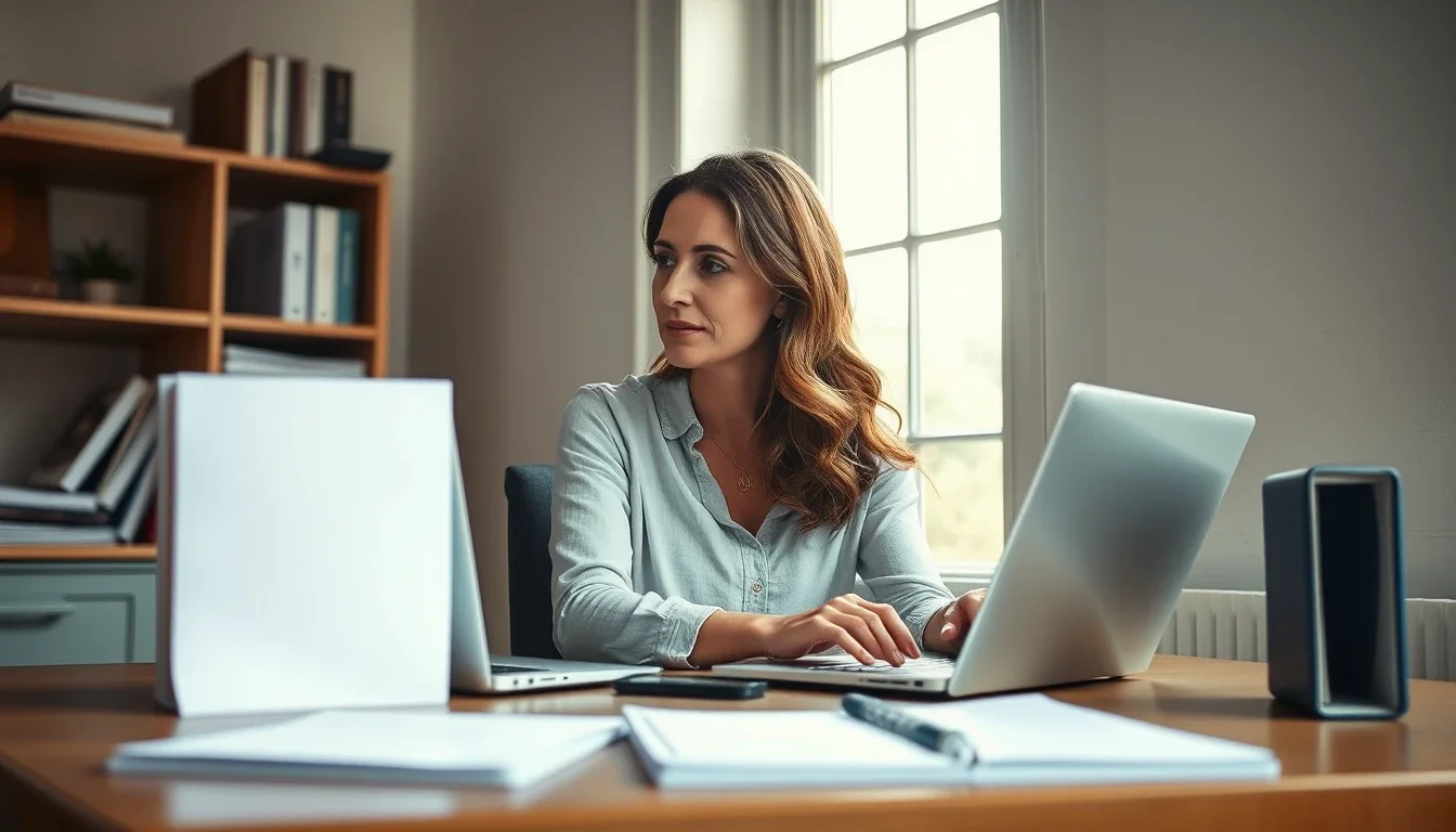 A woman at a laptop in a bright home office with sash windows, a stack of plain papers and a notebook on the desk, a British consultant who runs her work for American clients through a Delaware LLC