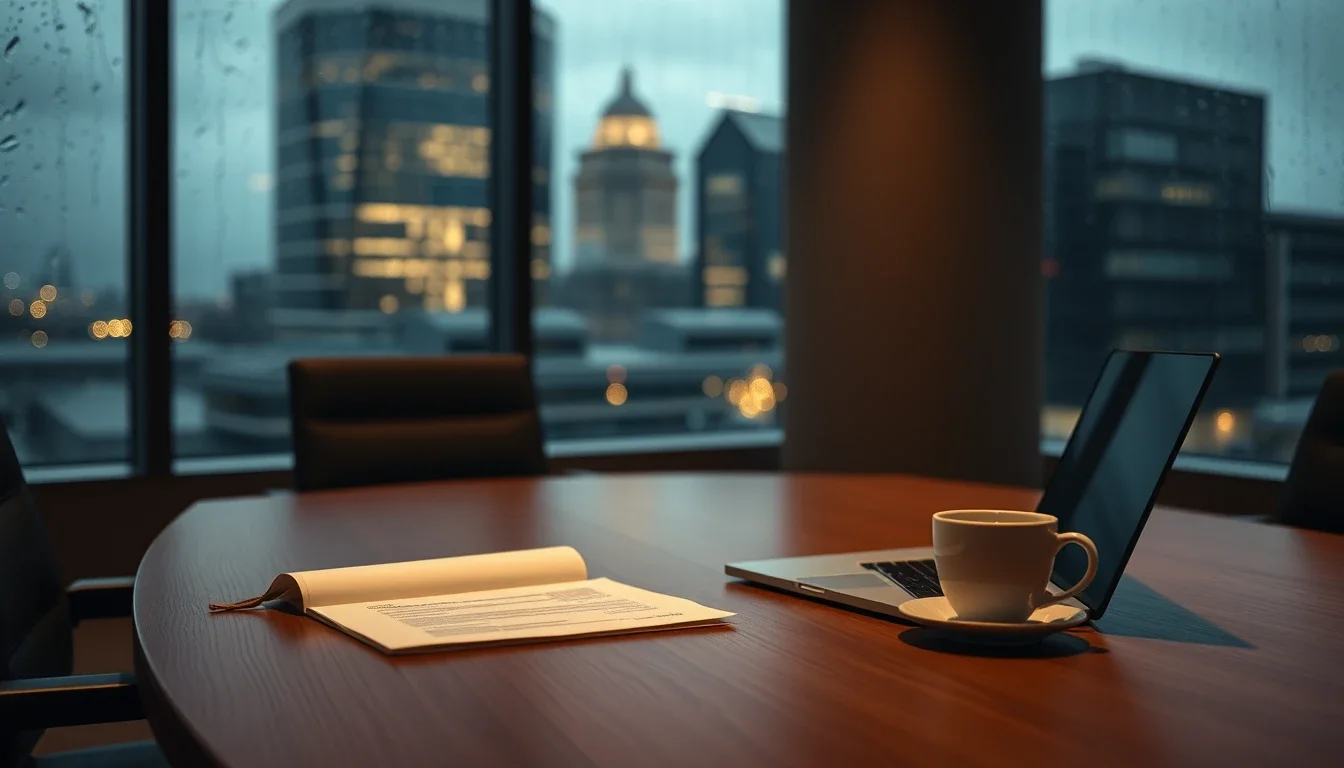 An empty meeting room table in a City of London office at dusk with an open fund document, a laptop and a cup of coffee, rain on the windows and office towers lit beyond, where a US fund manager in London earns carried interest
