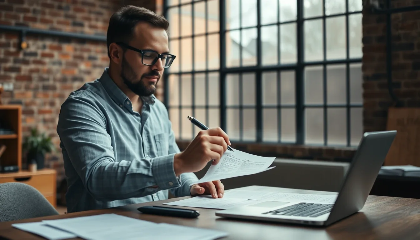 A company founder in a brick-walled studio office holding a pen over a paper form beside an open laptop, weighing a check-the-box election for his UK limited company