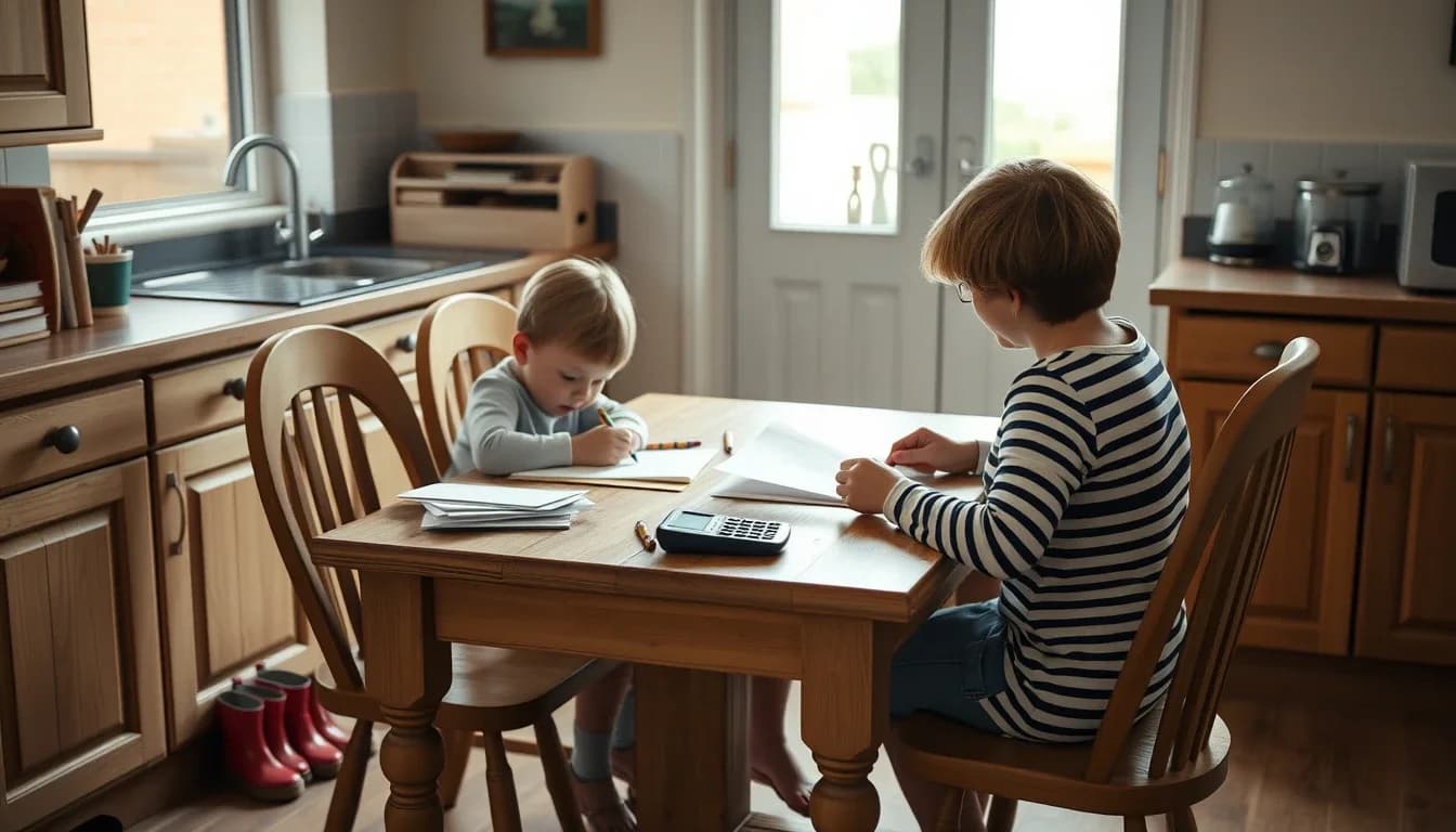 Two young children at a pine kitchen table in a British home, one drawing with crayons beside a pile of letters and a calculator, red wellies by the back door, the kind of American family in Britain that may claim the US child tax credit
