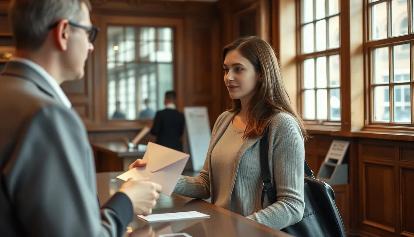A young woman at the counter of a wood-panelled British bank branch passing an envelope to a man in a grey suit, tall windows behind them, a US person closing a UK account part way through the year
