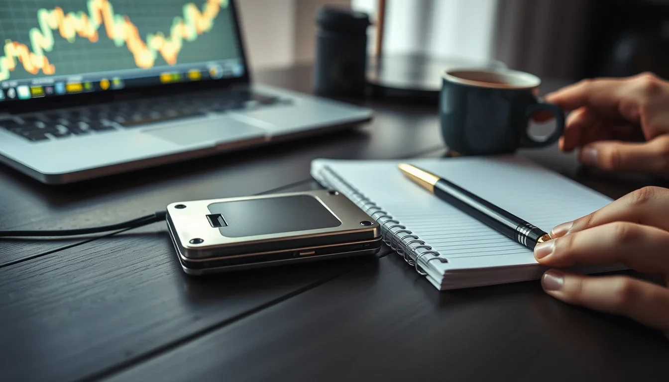 A small metal hardware wallet beside a spiral notebook and pen on a dark wooden desk, with a laptop showing an indistinct price chart and a cup of coffee behind, the self-held crypto of a US person in the UK whose FBAR and Form 8938 position needs checking