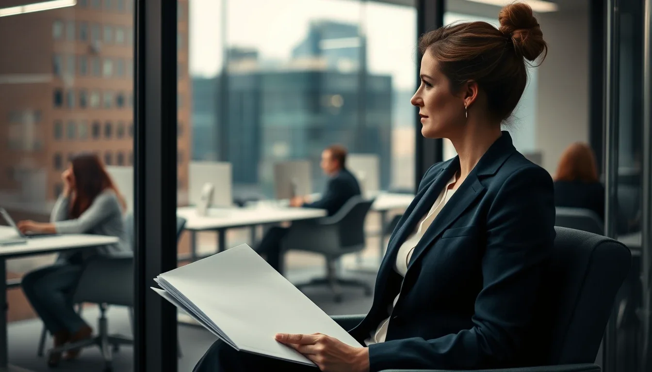 A woman in a navy blazer seated in a glass-walled meeting pod of a high-rise Manchester office, holding a sheaf of plain papers and gazing out at the city, colleagues at desks behind her, a US citizen employee deciding when to exercise CSOP options