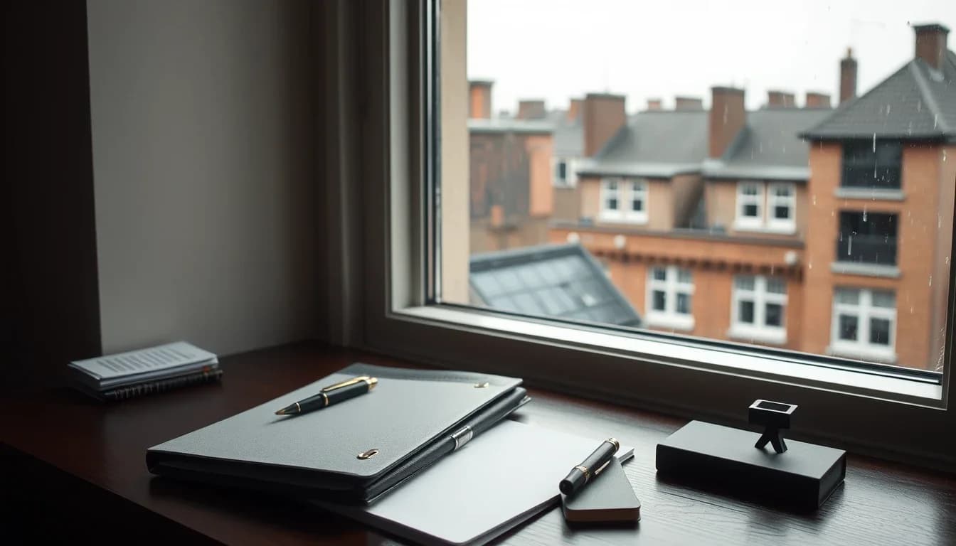 A leather folder, two fountain pens and a notepad on a dark desk beside a rain-spotted window overlooking London brick rooftops