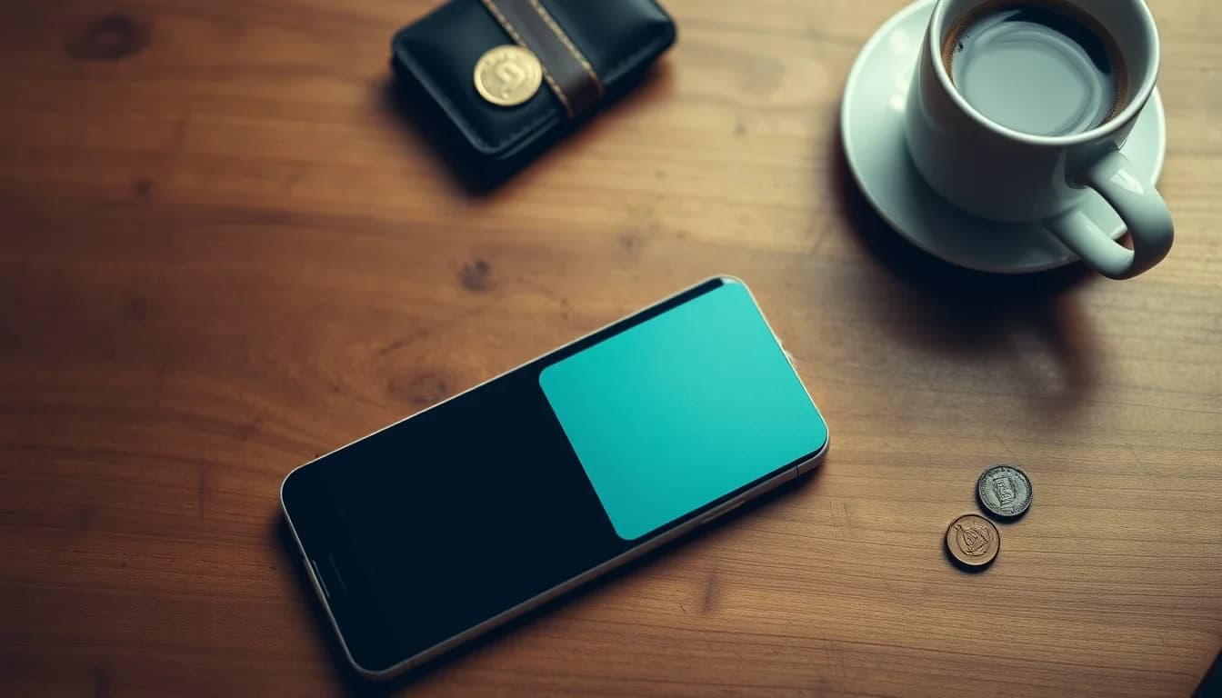 Overhead view of a smartphone and a plain teal payment card on a wooden cafe table beside a small leather wallet, two coins and a cup of coffee, the app-based multi-currency account a US person in the UK may need to list on the FBAR