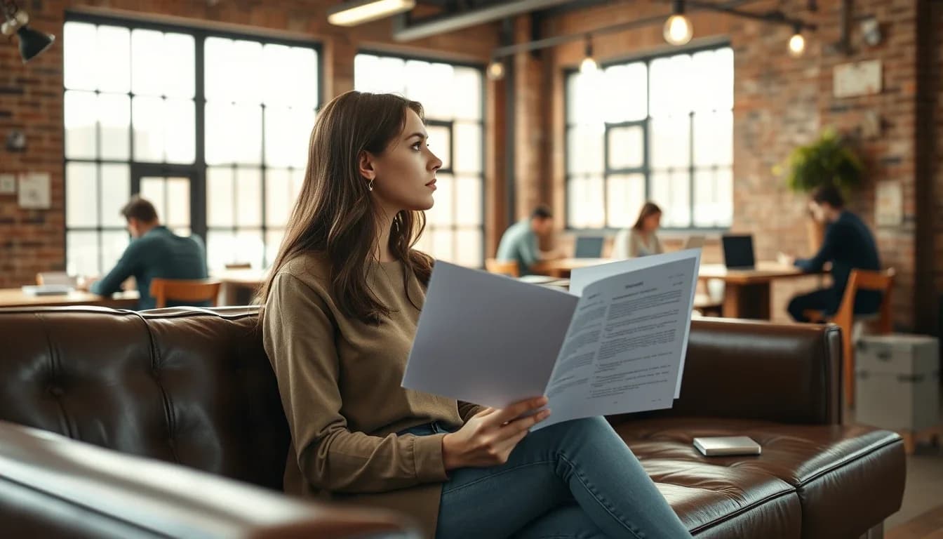 A young woman on a leather sofa in a brick-walled East London startup office holding a few pages of a share option agreement and looking towards the tall steel-framed windows, colleagues working at tables behind her, a US citizen employee weighing what her EMI options mean on both sides of the Atlantic