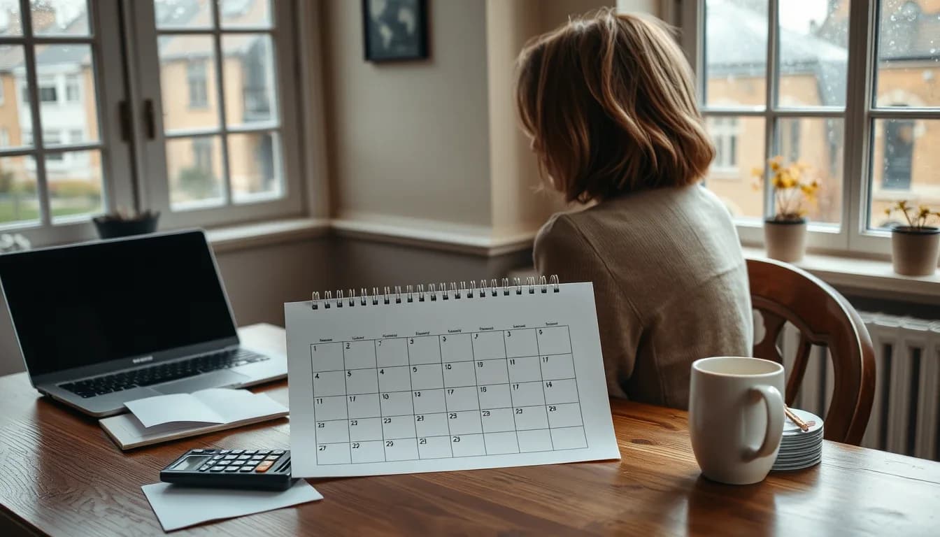 A woman with her back to the camera sits by rain-streaked sash windows in a British home, beside a desk calendar, calculator, closed laptop and mug, planning US estimated tax payments