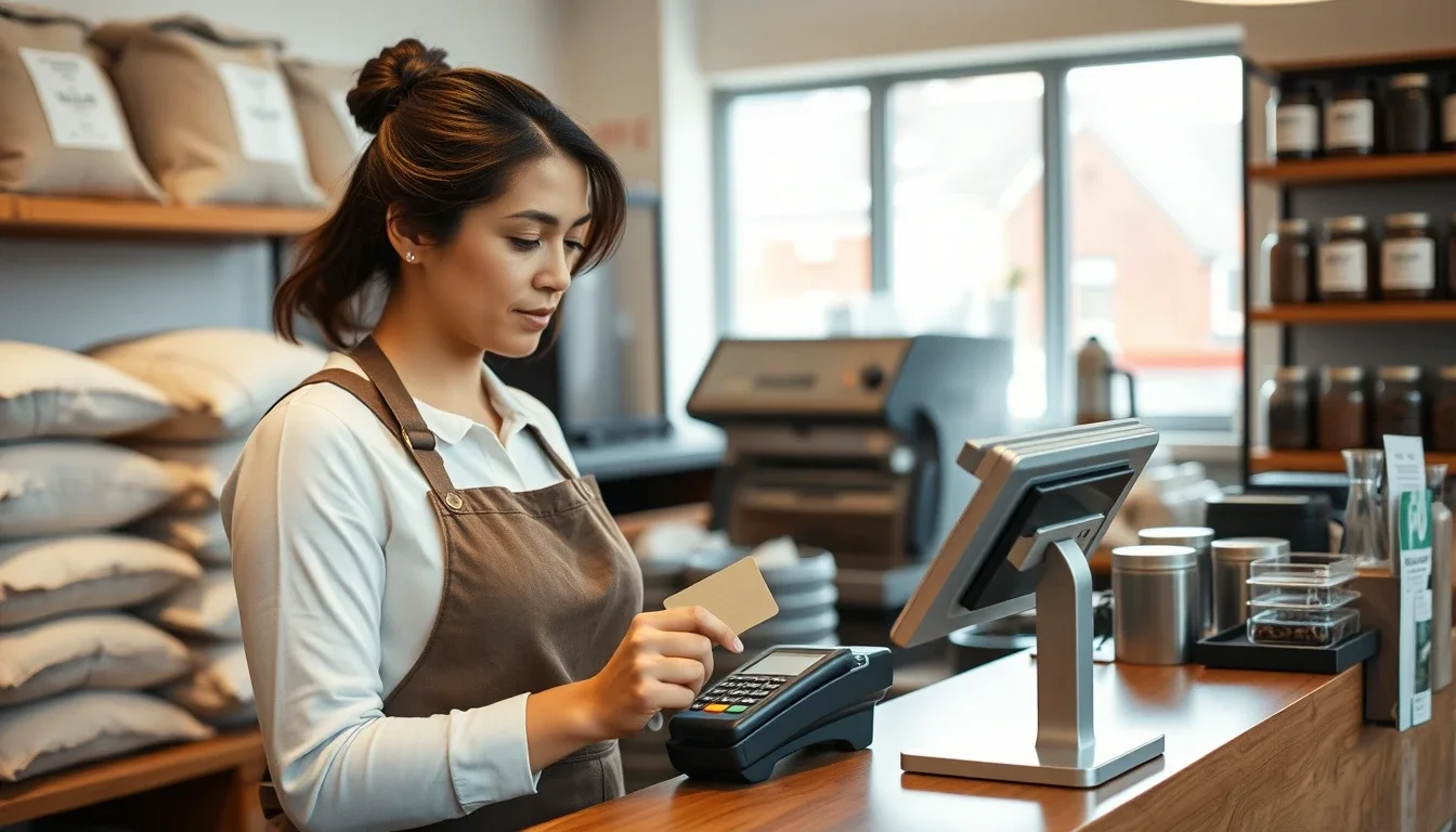 A woman in a brown apron behind the counter of an independent coffee roastery holding a card to a payment terminal, sacks of beans and shelves of jars behind her, the day-to-day takings of a small UK company whose US citizen owner reports its bank account on the FBAR