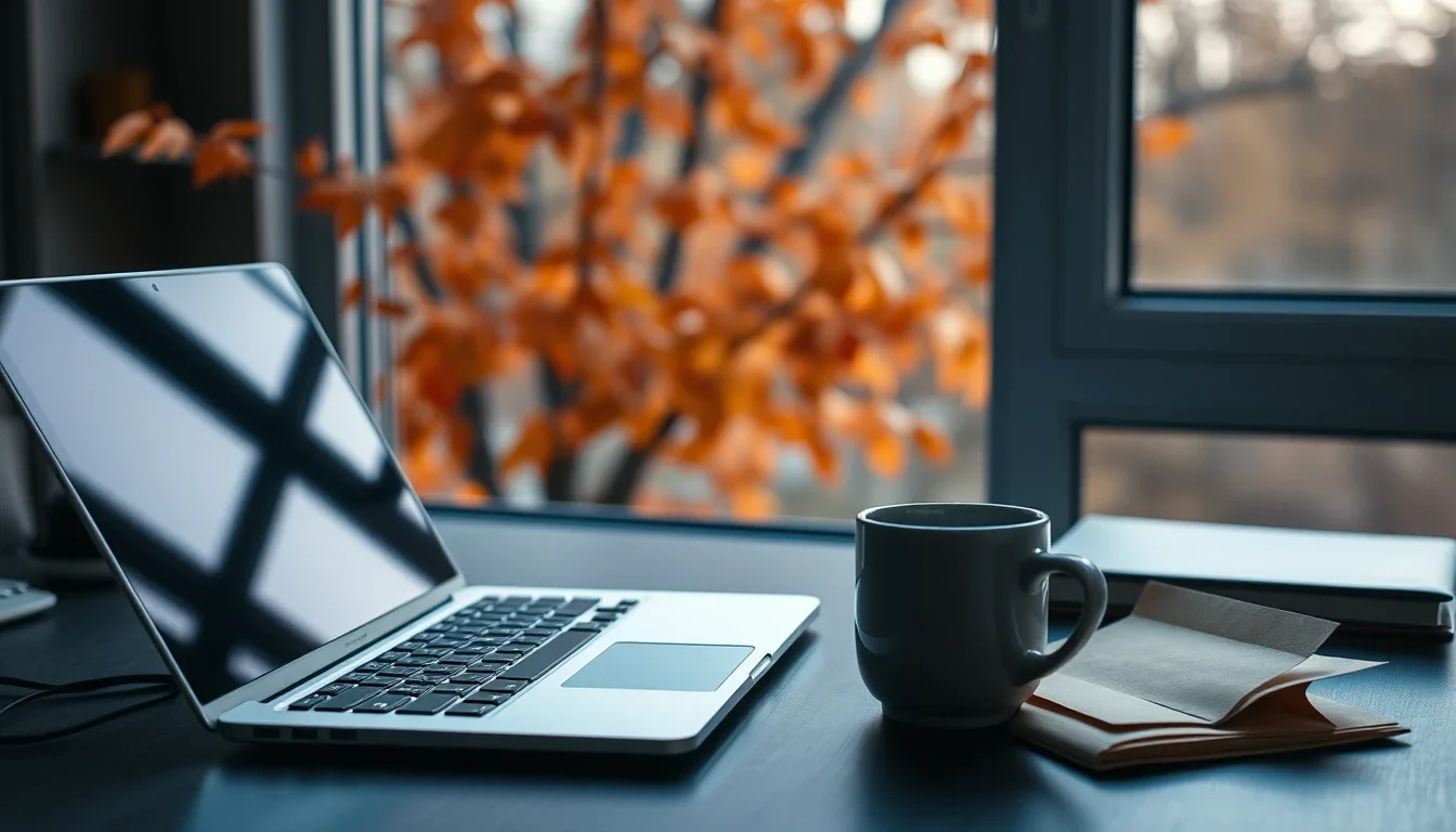 A quiet home office desk with a closed laptop, a mug and a sealed envelope in front of a window showing orange autumn leaves, the season when the FBAR extension passes