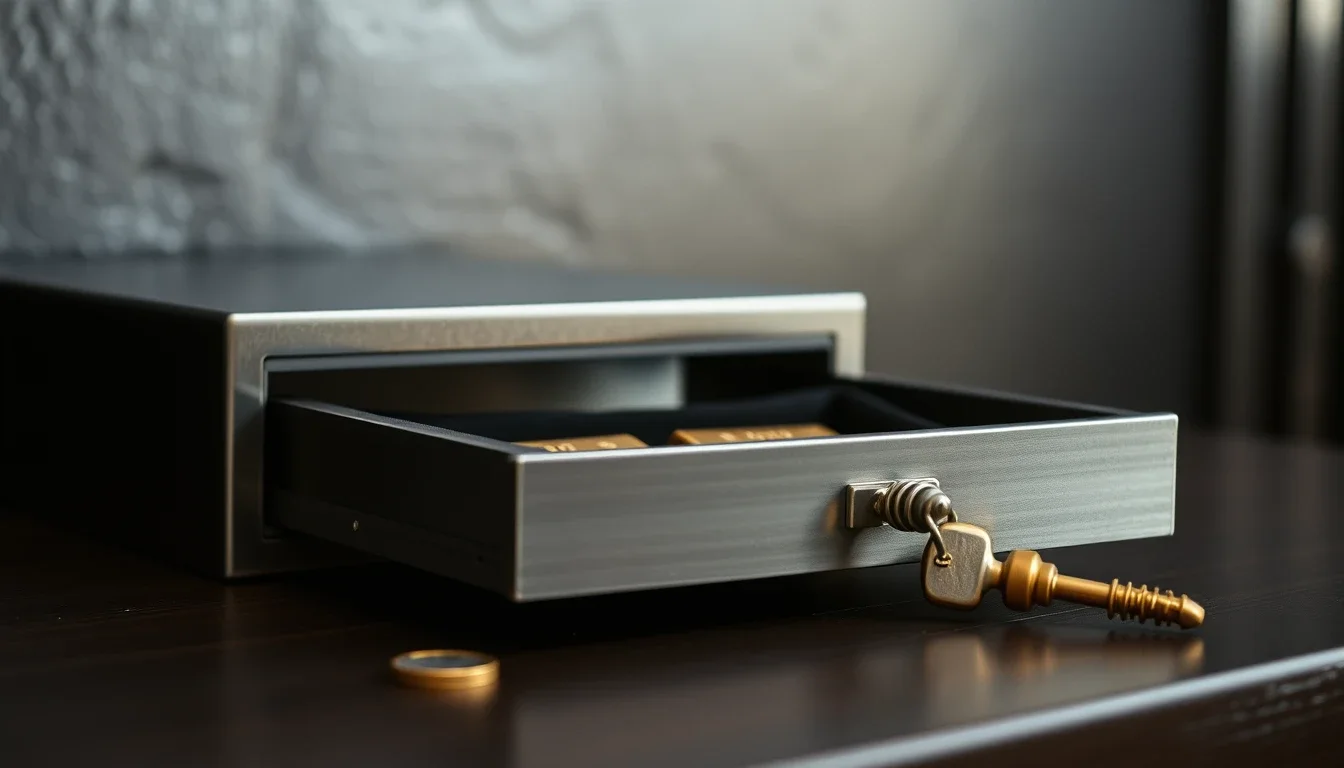A brushed steel safe deposit box drawer pulled open on a dark wooden surface, small gold bars resting on black velvet inside, a brass key in the lock and a single gold coin on the table, the kind of holding a US person in the UK asks about for the FBAR