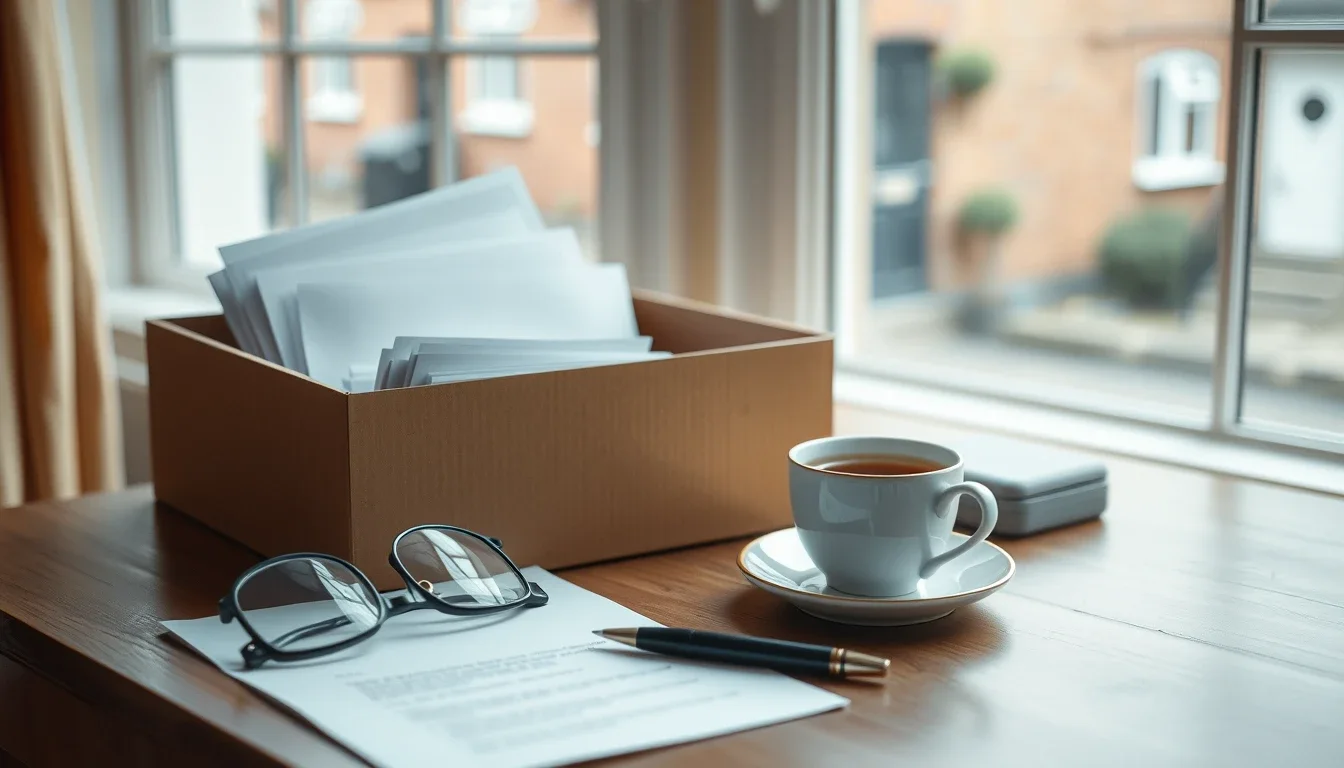 Writing desk by a window in a British terraced house with a cardboard box of paper statements, reading glasses, a fountain pen and a cup of tea, suggesting the papers of a deceased parent's estate