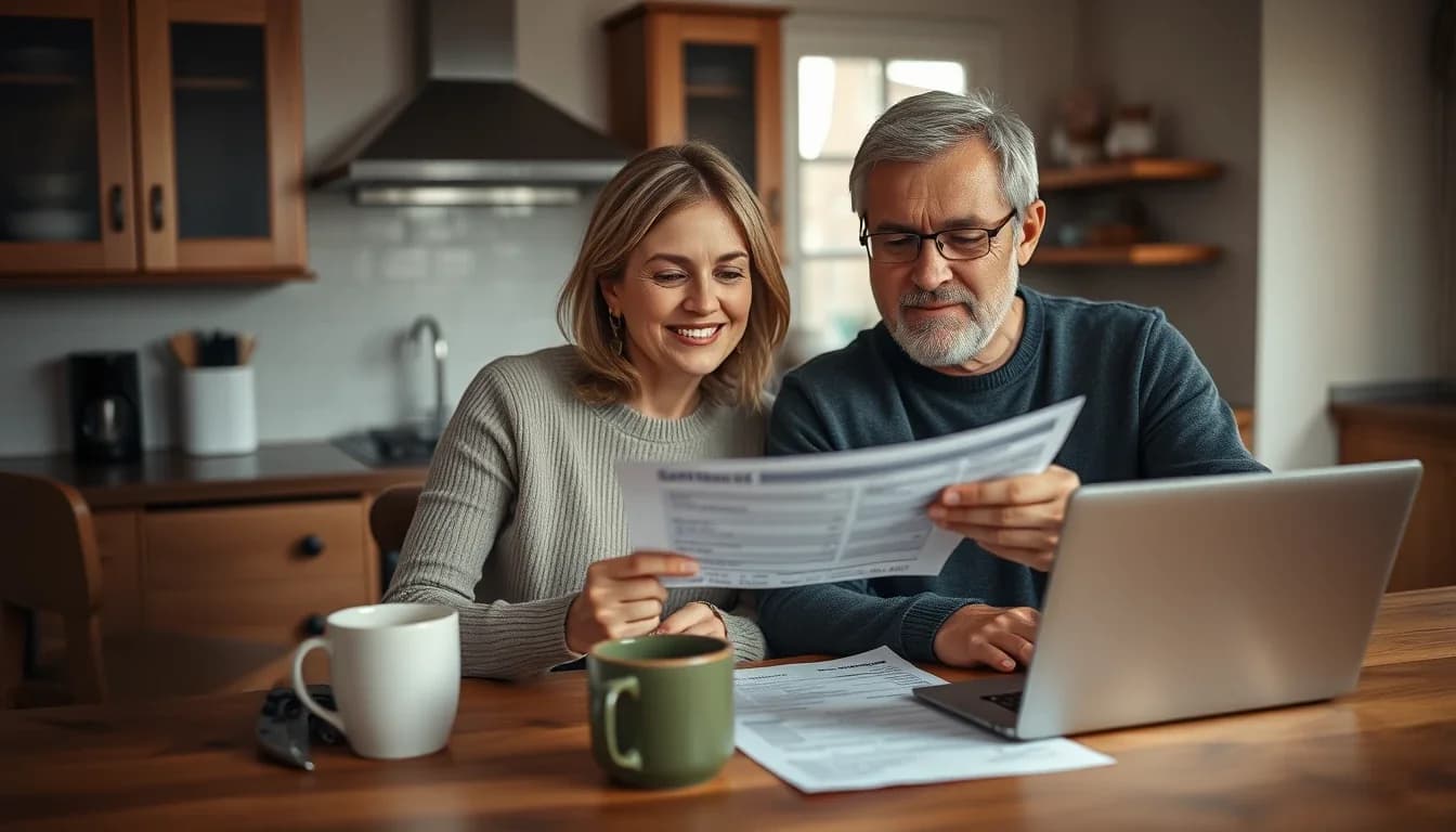 A US citizen and her British husband reviewing their joint UK bank account statement at the kitchen table for the FBAR