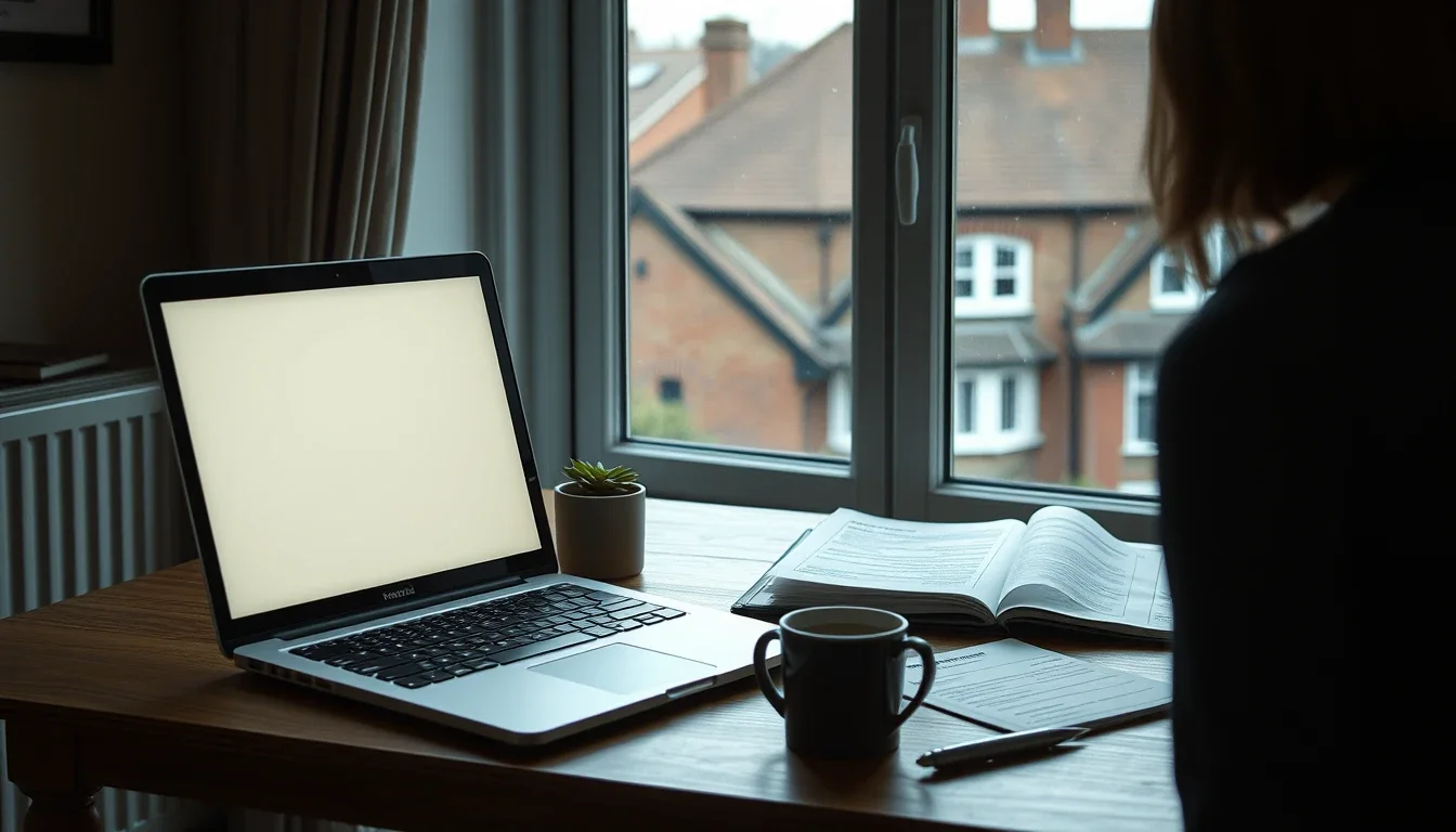 A laptop with a blank screen on a wooden desk beside an open folder of paper statements, a mug of tea and a pen, with a person seen from behind looking out at brick terraced houses through a rain-spotted window.