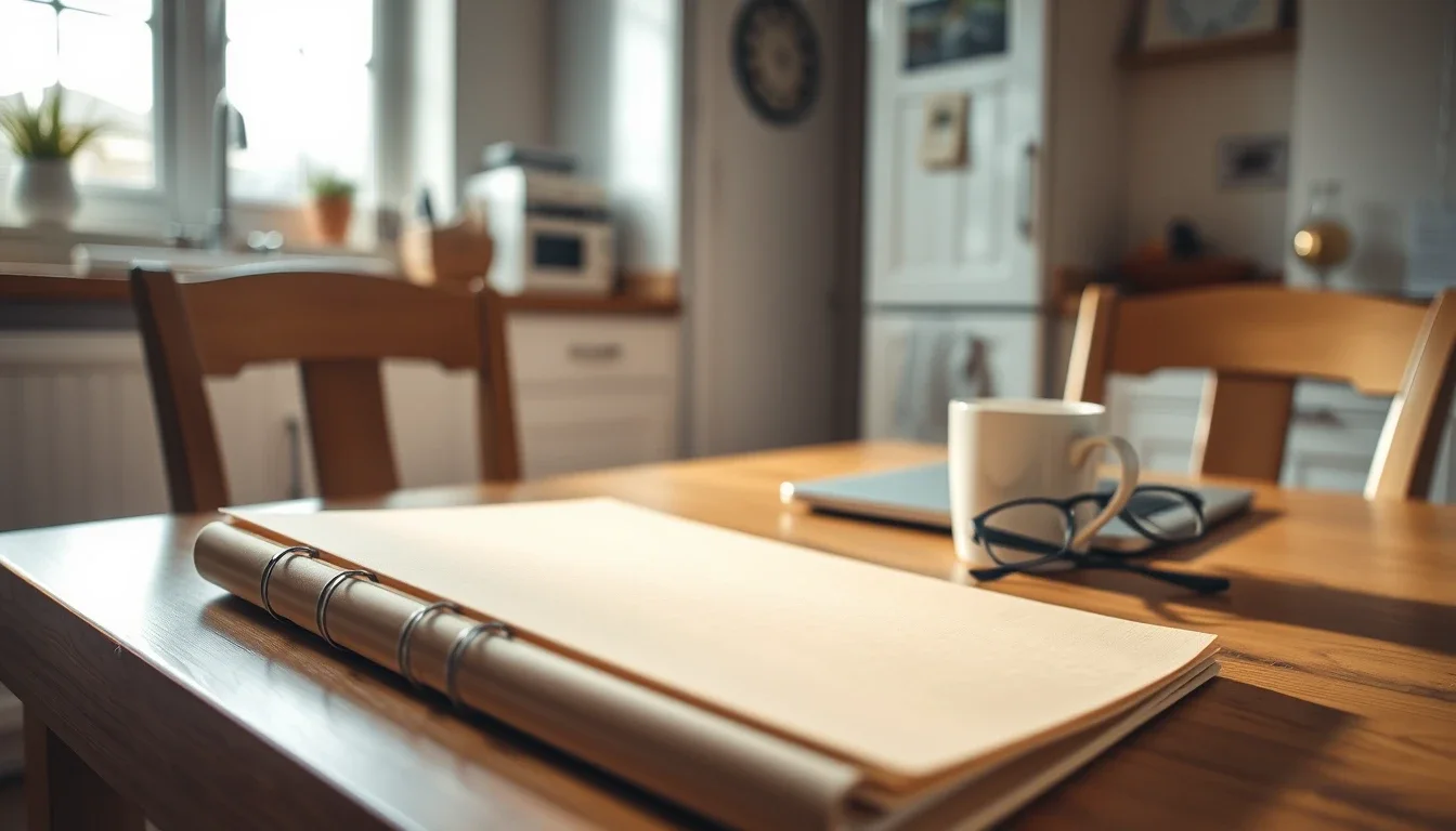 A closed ring binder, a laptop, a pair of reading glasses and a mug on a wooden kitchen table in a Welsh home, the years of account records a US person reviews when missed FBARs raise the question of penalties