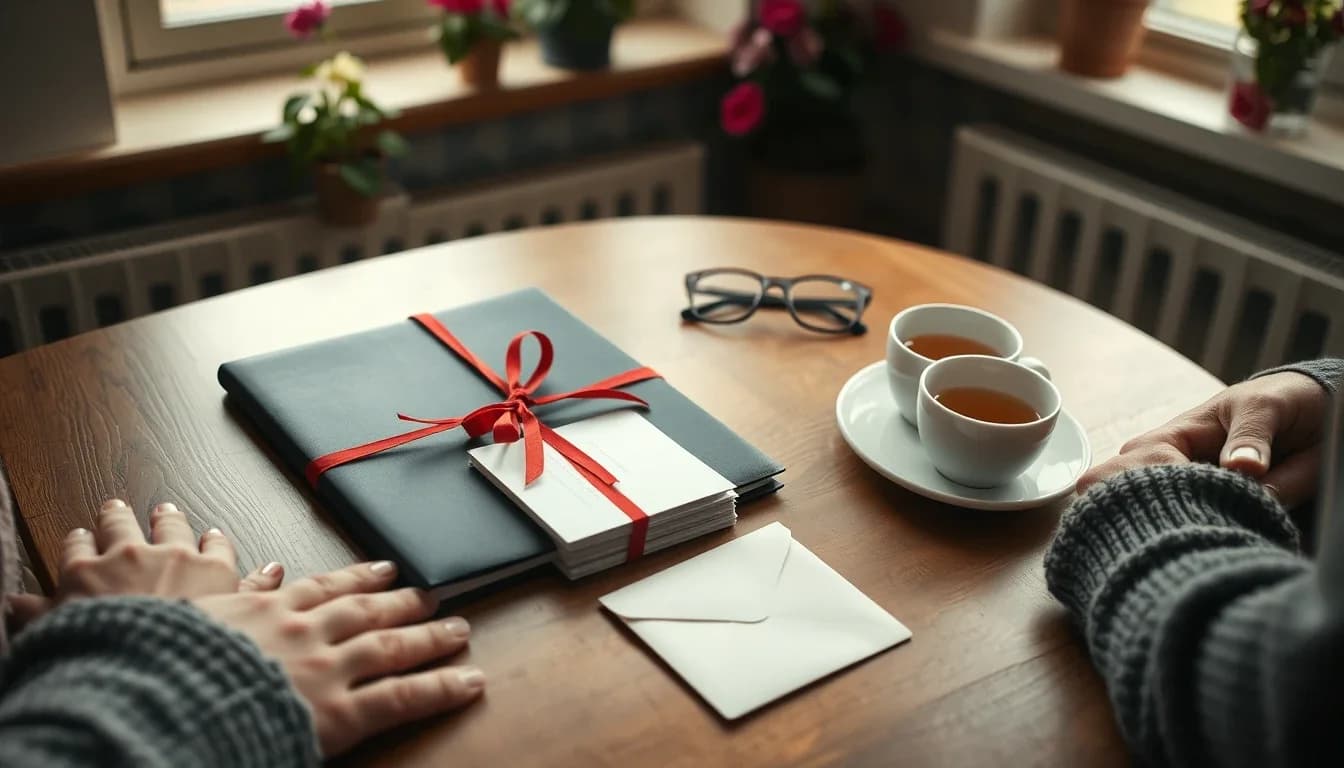 A closed dark folder tied with red ribbon, a stack of sealed envelopes, reading glasses and two cups of tea on a kitchen table between an older and a younger person's hands, the papers of a parent's lasting power of attorney and UK bank accounts
