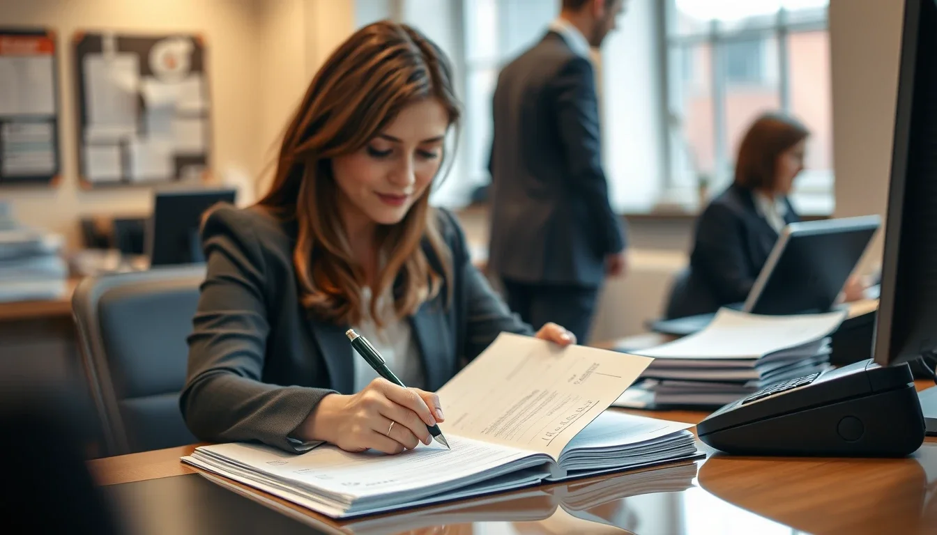 A finance manager in a British office signing a page in a ledger at her desk while colleagues work behind her, the kind of authority over an employer's bank account that puts it on her FBAR
