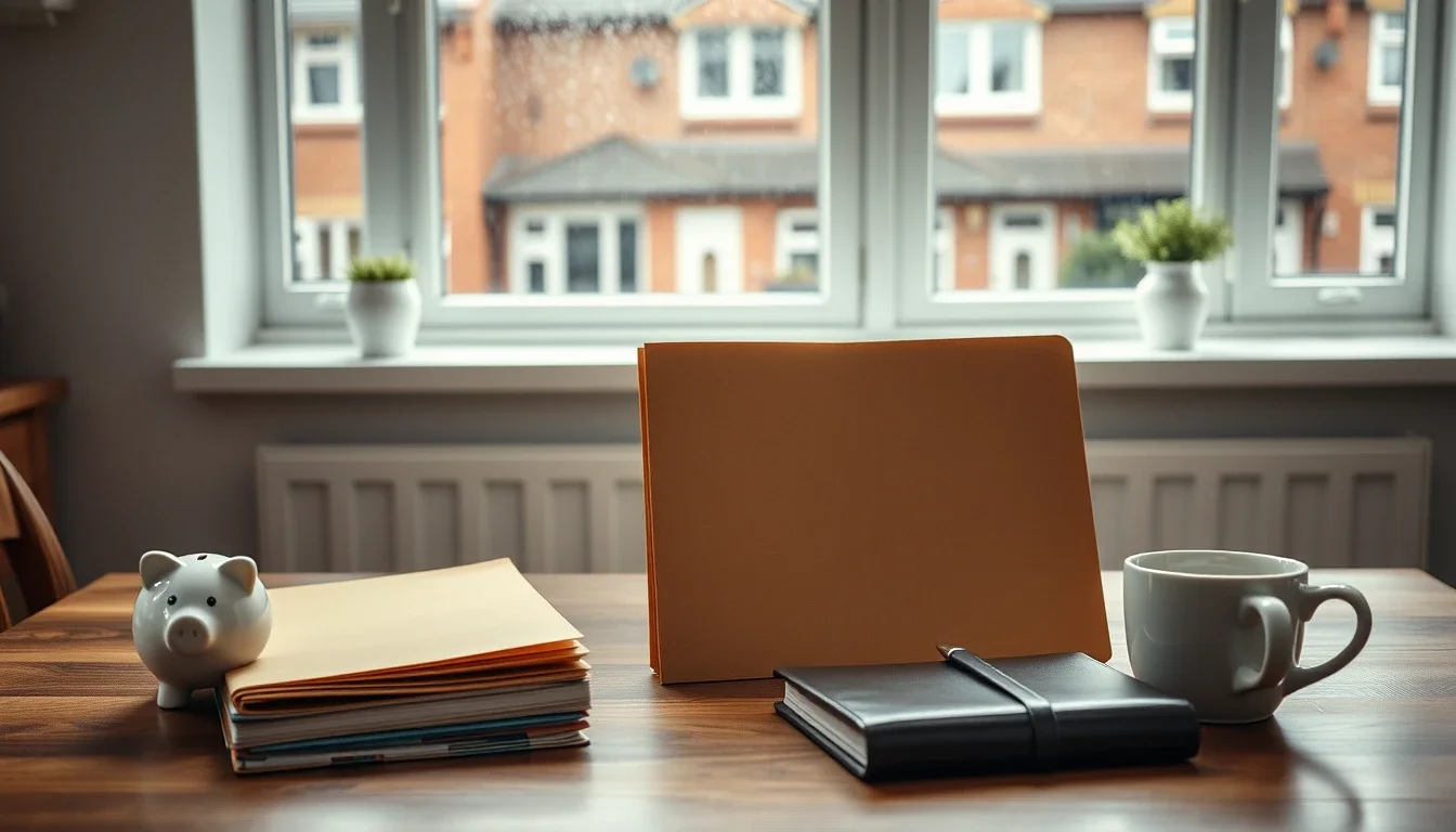 Plain unmarked document folders, a closed notebook, a ceramic piggy bank and a mug of tea on a kitchen table in a British terraced house, the papers a family gathers to work out who is a US person for the FBAR