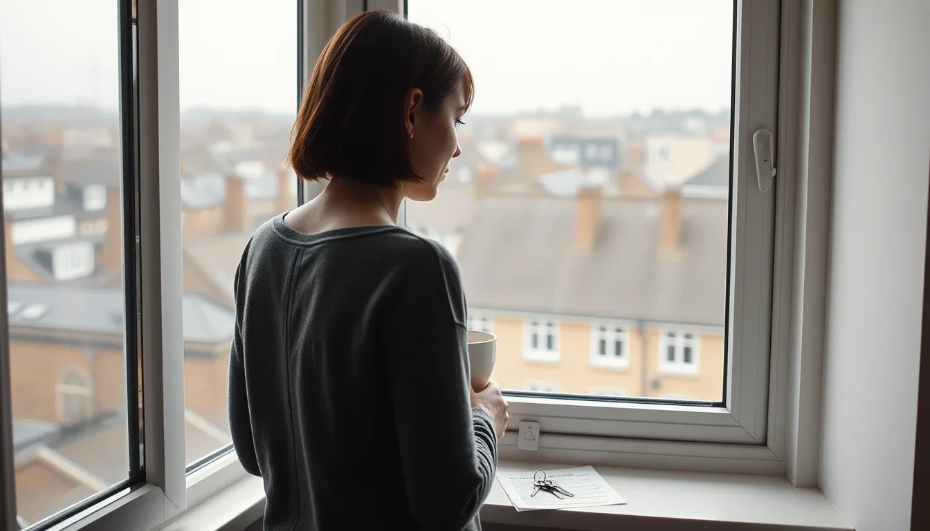 A woman holding a mug stands at the window of a London flat looking over grey slate rooftops and chimneys, a rental agreement and house keys on the sill, settled in the UK for the long term