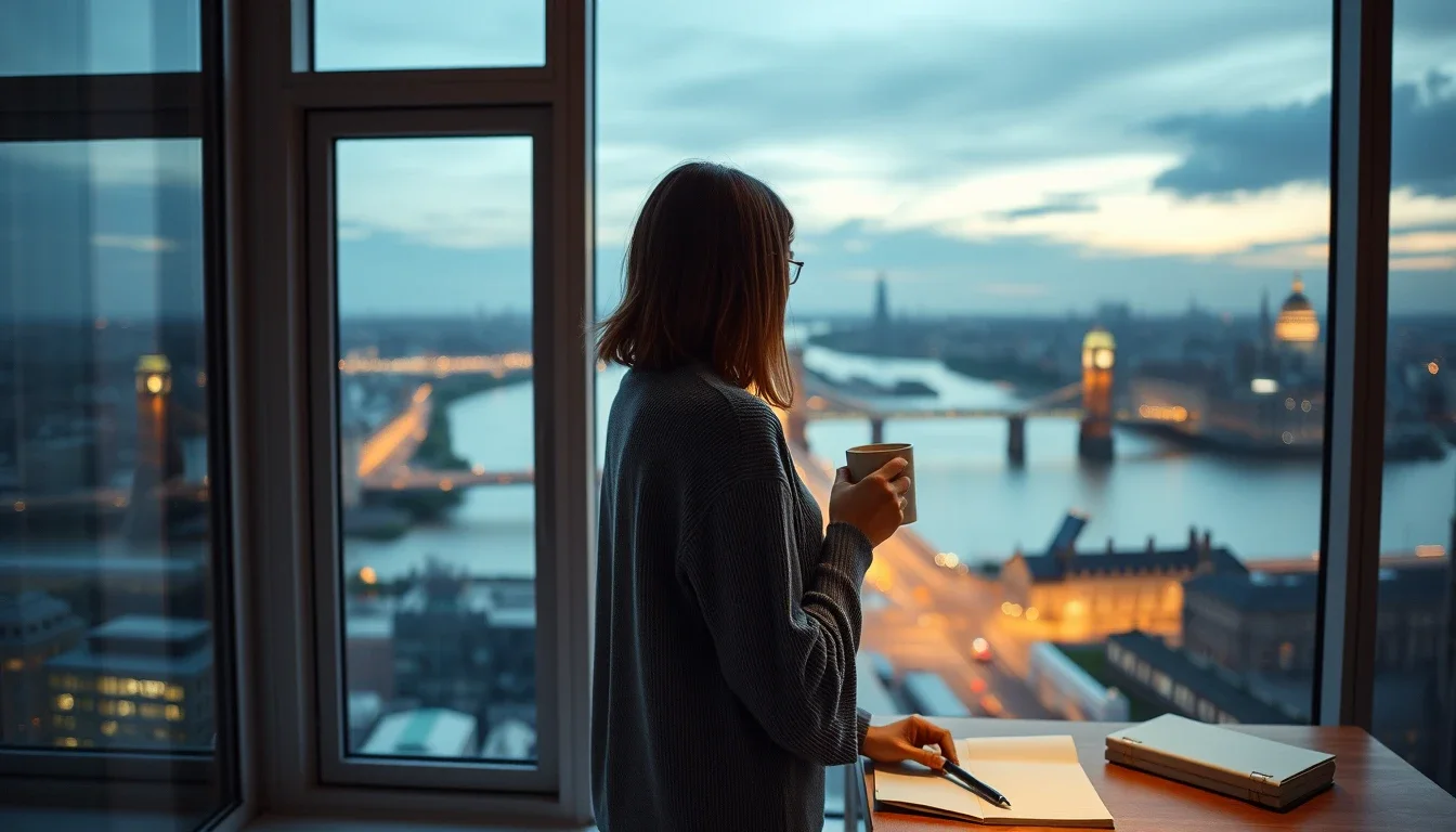 A woman with a mug standing at a tall window of a London flat at dusk, looking out over the Thames, its bridges and the lit city skyline, a notebook and pen on the desk beside her, a US citizen newly resident in the UK deciding whether to claim the four-year foreign income regime