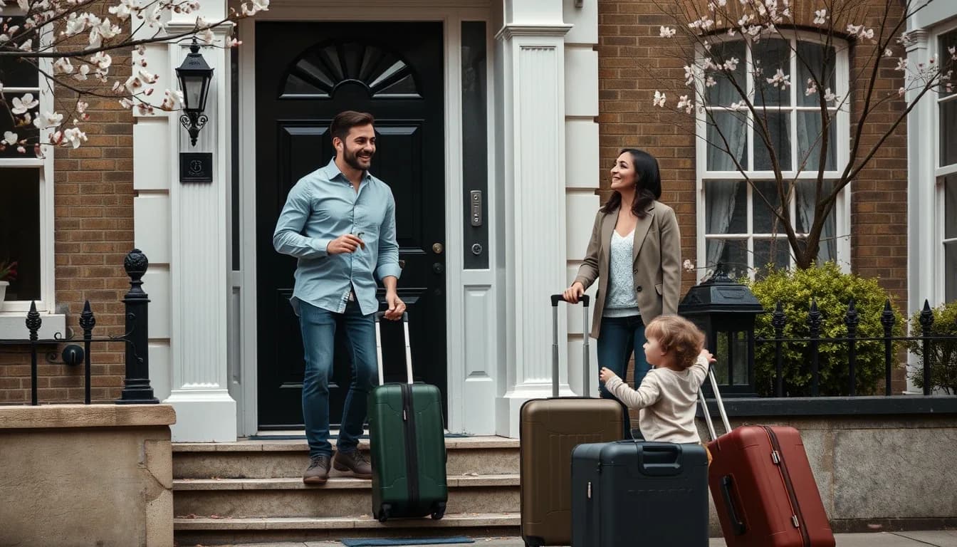 A smiling couple with four suitcases and a toddler on the steps of a London terraced house with a black front door and white portico, blossom on the branches above, an American family arriving part way through the UK tax year