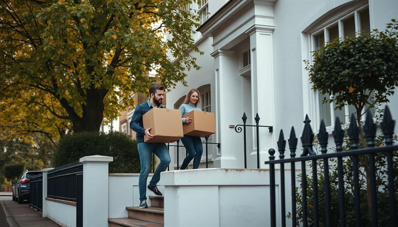 A couple carry cardboard moving boxes up the front steps of a white stucco London townhouse with black iron railings and autumn trees, moving into a home whose rent may count toward the housing exclusion
