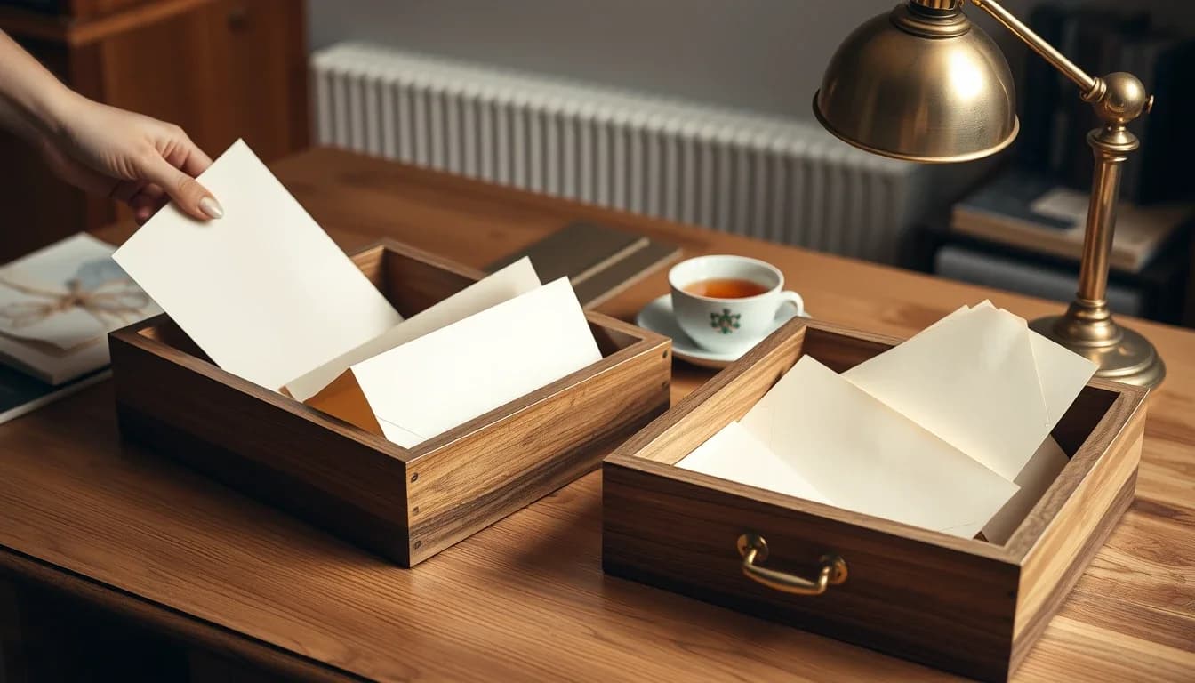 A hand placing a cream sheet into one of two wooden trays of plain papers on an oak desk beside a brass lamp and a cup of tea, the sorting a US citizen in the UK does when salary and rental income fall into different Form 1116 categories