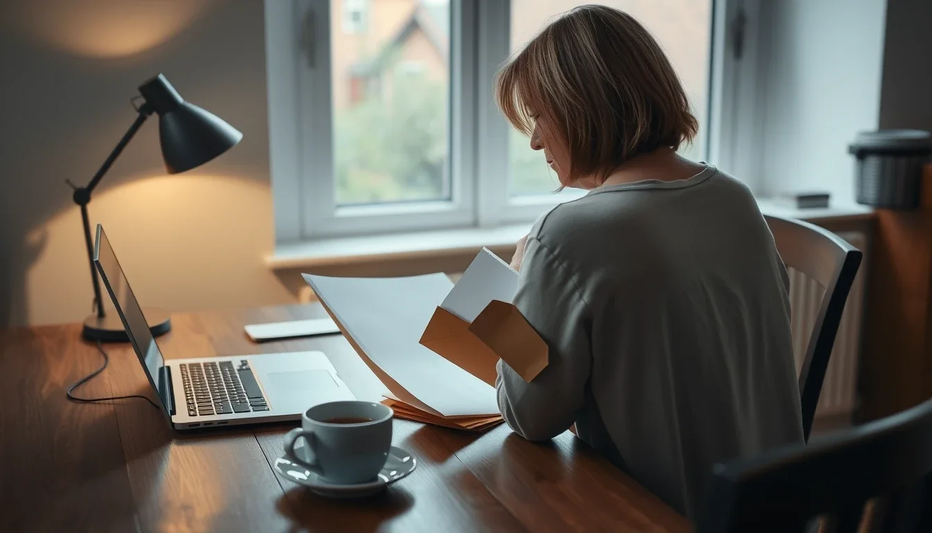A woman at a wooden table by a rainy window slides printed forms into a brown envelope beside a laptop and a cup of tea, as a UK owner posting a US LLC's Form 5472
